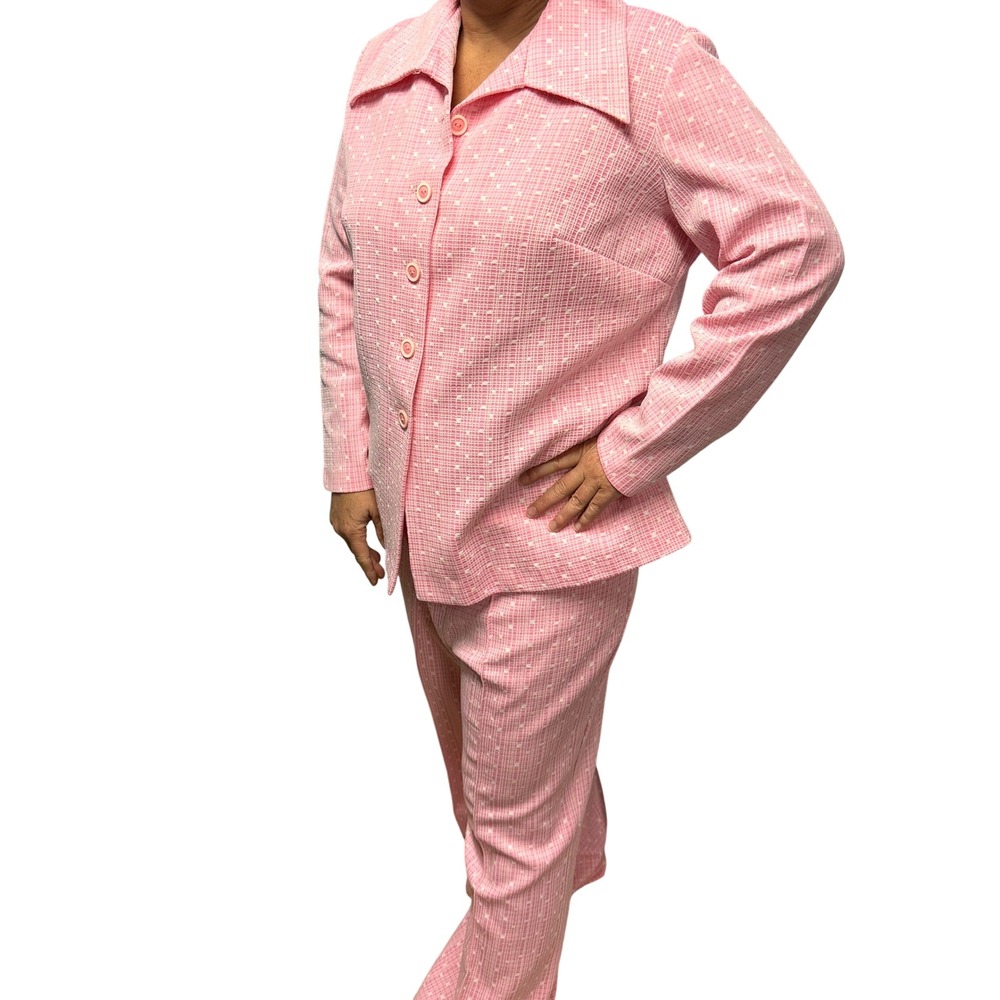 Vintage 70s Pink White Pant Suit Set Size 20L Retro Halloween Disco Leisure
